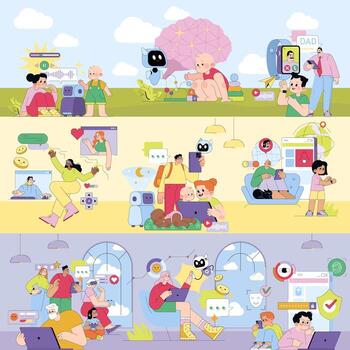 digital familia interacciones con tecnología ilustración vector