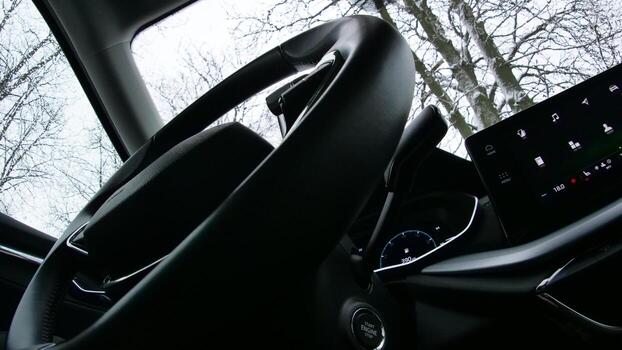 Bottom view of the steering wheel and touch screen monitor with icons of applications in the car photo