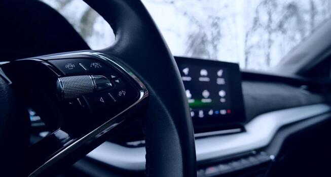 Part of Steering Wheel with Operation Control Buttons in front of Defocused Central Monitor in Car Interior photo