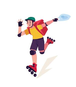 A courier in a helmet and on roller skates delivers the order. Delivery from a store, restaurant, fast food order. Dynamic pose. Illustration for design projects, website and printing, vector