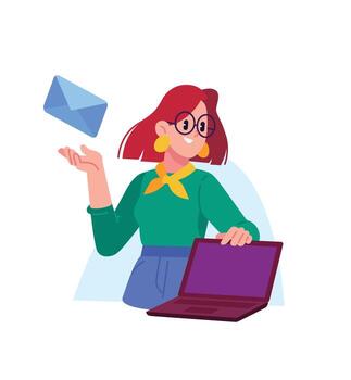 un niña con un sobre y un ordenador portátil con lentes. el concepto de comunicación y correspondencia en el Internet. usuario apoyo. ilustración para diseño proyectos, sitio web y impresión, vector