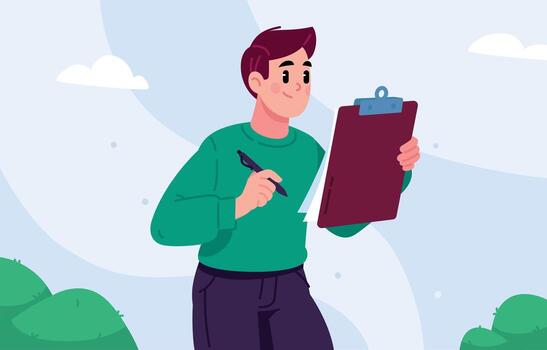 An illustration of a man in a green sweater, he holds a tablet with papers and a pen, thinking over notes. Checks the list. The illustration is suitable for planning, analyzing vector