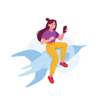 un niña es volador en un cohete con un teléfono. lanzamiento proyectos velocidad y movilidad. el concepto de en línea comunicación, móvil aplicaciones y digital comunicación. vector