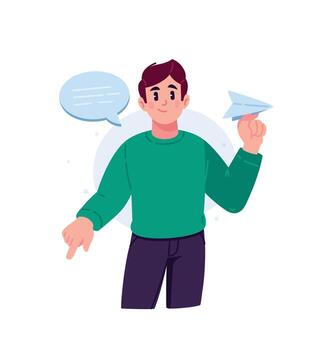 The guy is standing with a message plane and a comic book cloud. The image of messages in messengers and social networks. vector