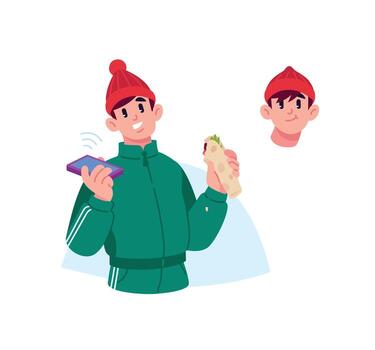 A guy in a green tracksuit with a shawarma and a smartphone. Sale and delivery of shawarma and fast food. The bully is having lunch. Illustration for design projects, website and printing, vector