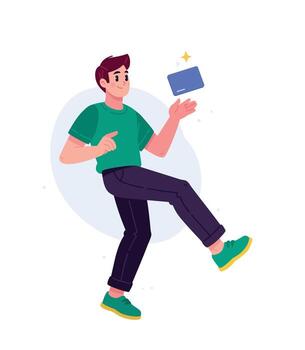 A young man in a dynamic pose points to a bank card. The account balance. The image of financial technology and digital payments. vector
