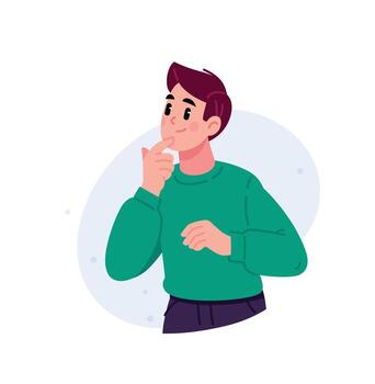 An illustration of a young guy looking thoughtfully into the distance or at the text in the layout. Illustration for design projects, website and printing, vector