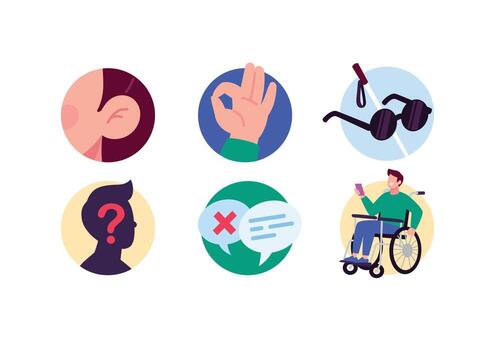 Icons that symbolize accessibility an ear, an ok gesture, glasses for the visually impaired, a question mark in the profile, dialog boxes, and a person in a wheelchair. vector