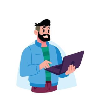 Illustration of a young programmer, developer with a laptop. A businessman with a computer. Log in to your personal account. Image for design projects, website and printing, mockup design. vector
