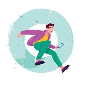 A young man in bright clothes runs with a phone. . Surrounded by abstract elements that create a sense of speed, energy and dynamics. Suitable for the topic of technology and activism. vector