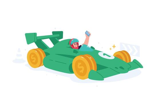 un hombre en un carreras coche con un teléfono. lanzamiento proyectos velocidad y movilidad. el imagen de financiero tecnología y digital pagos vector