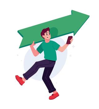 An illustration of a young guy with a big arrow pointing to the right. Illustration for design projects, website and printing, mockup design, as well as banners. vector