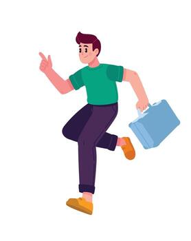 Illustration of a man in casual clothes running with a briefcase, pointing forward and upward. The concept of travel, movement, business trip or the start of a new project. A character and a mascot. vector