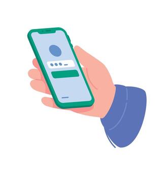 ilustración de un mano participación un teléfono inteligente el solicitud interfaz en el teléfono pantalla. Iniciar sesión en a tu personal cuenta. imagen para diseño proyectos, sitio web y impresión, Bosquejo diseño. vector