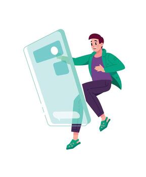 ilustración de un joven chico en frente de un grande teléfono inteligente pantalla en cero gravedad. el solicitud interfaz. Iniciar sesión en a tu personal cuenta. imagen para diseño proyectos, sitio web y impresión vector