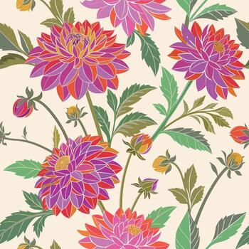 Seamless pattern with dahlia with sharp, overlapping petals. Graphic orange illustration, pop-art-inspired vector