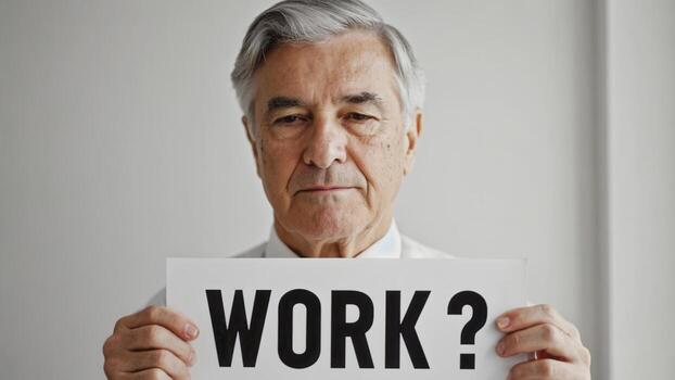 Senior Caucasian man with gray hair holding a sign that reads WORK in a neutral setting. He appears contemplative and photo