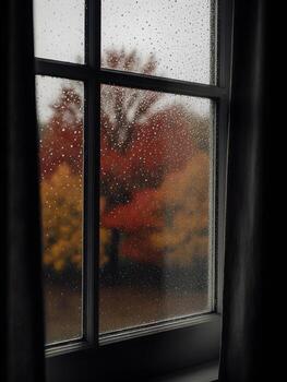 A window with rain on it and a tree in the background photo