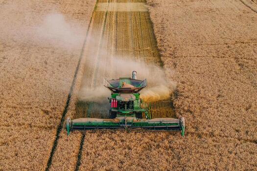An aerial perspective shows a green combine harvester cutting through a golden wheat field, leaving parallel lines and a trail of dust in its path. photo
