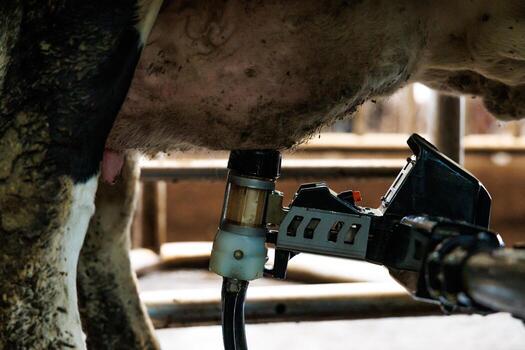 Close up of a cow's udder attached to a robotic milking unit in an indoor parlor. Suction cups and tubing operate under soft industrial light, showing precise workflow. photo