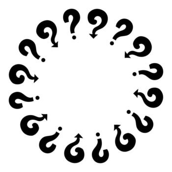 Circle frame doodle design featuring hand drawn question marks and arrows directed to the middle. sketch icons for learning, brainstorming, creative decoration and graphic design. vector