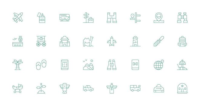 Travel Icon Set with 32 Thin Line Graphics Organized Pack for Project Assets vector