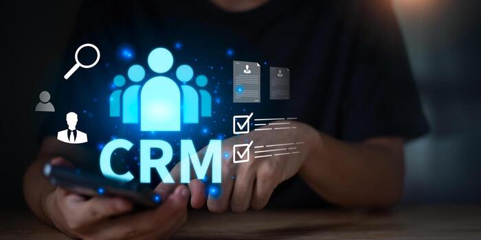 Modern CRM system concept with digital customer management icons, data analytics, and business communication technology for improving client relationships and sales performance. photo