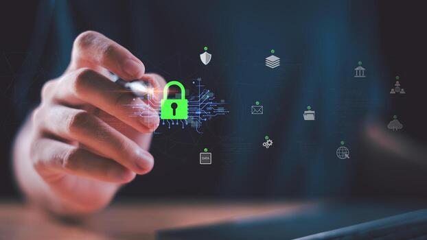 A glowing digital padlock icon symbolizes cybersecurity, encryption, and online data protection. Concept of secure network connection, privacy technology, firewall defense, safe information system. photo