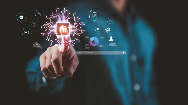 businessman activates AI assistant technology with virtual interface, representing artificial intelligence, automation, data analytics, innovation in futuristic digital communication and computing. photo