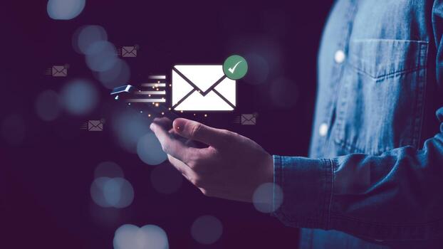 Modern email notification concept with glowing envelope icon, secure messaging, and digital communication on smartphone. Perfect for illustrating online inbox, newsletter, and secure contact system. photo