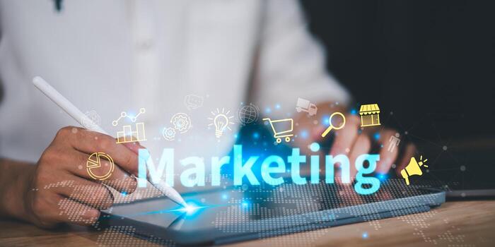 Digital marketing concept with a person using a stylus on a tablet, surrounded by glowing icons of data analytics, e-commerce, communication, creativity, symbolizing online strategy, innovation photo