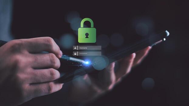 User logging into digital security interface on a tablet with lock icon, representing data protection, cybersecurity, privacy, secure access technology for online authentication , information safety photo