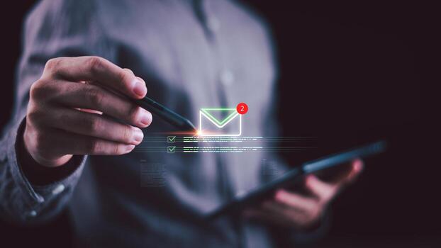 Modern email concept with glowing notification, representing inbox management, online message alerts, mail protection, data privacy, spam filter, error handling, cybersecurity, internet risk photo