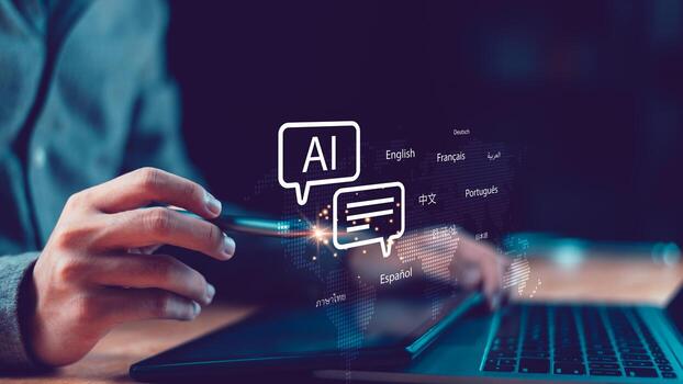 This concept represents the integration of smart AI communication, global language translation, and modern digital technology to improve accessibility and seamless multilingual interaction worldwide. photo