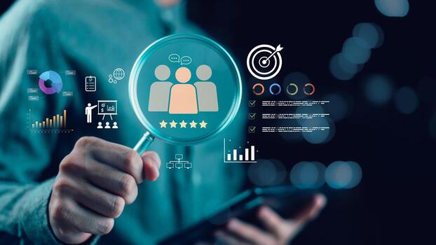 Concept of insight-driven marketing and data intelligence symbolizing research, customer focus, and innovation in business strategy for enhancing engagement, performance, and growth. photo