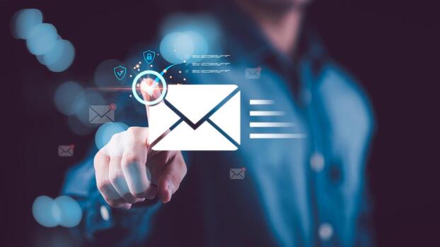 Modern email authentication interface showing envelope with check mark, cybersecurity, and verified messaging. Perfect for internet communication, online services, and data protection design. photo
