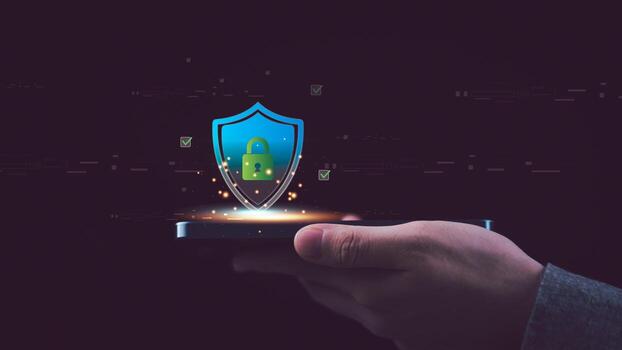 digital shield with padlock icon glowing abovesmartphone, symbolizing cybersecurity, data protection, privacy, and secure online technology systems for safe network communication and cloud storage. photo