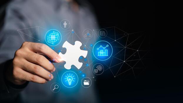 Concept of connection, teamwork, and business innovation representing strategy, problem-solving, and integration through digital technology and data-driven collaboration for organizational success. photo