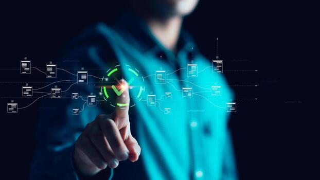 Businessman using digital checklist interface with connected data flow, representing task management system, project tracking, online document approval, productivity optimization in modern technology photo