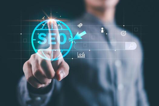 A marketer touching a virtual SEO icon on a transparent digital interface, symbolizing online marketing strategy, search engine optimization, data analytics, and business growth in the digital era. photo