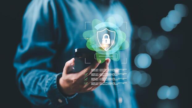 datos proteccion en teléfono inteligente con seguro bloquear icono y Lista de Verificación, representando la seguridad cibernética, privacidad, cortafuegos, cifrado, autenticación para seguro en línea acceso en nube, digital comunicación. foto