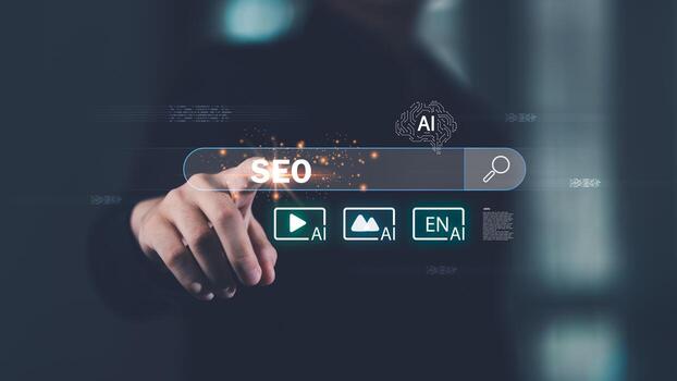 un vendedor conmovedor un brillante seo buscar bar integrado con ai iconos, representando artificial inteligencia, digital marketing, en línea buscar mejoramiento, y moderno basado en datos negocio estrategia. foto