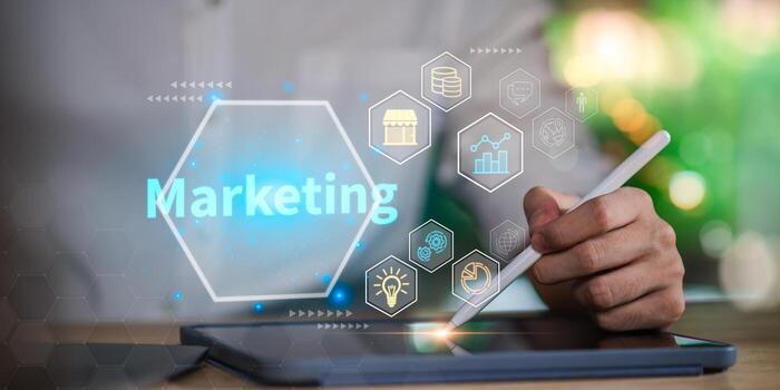 Business professional using a digital tablet with marketing and analytics icons, symbolizing online marketing strategy, data analysis, innovation, and e-commerce business development. photo