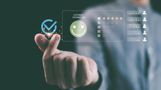 Concept of customer satisfaction and service quality representing trust, loyalty, positive experience. Symbol of client feedback, rating, continuous improvement for successful business performance. photo