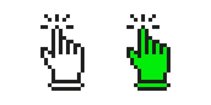 Pixel Art Hand Cursor Icon Set. Interactive Click And Selection Symbol Collection. Black And Green Pixelated Hands With Click Effect. Isolated Illustration vector