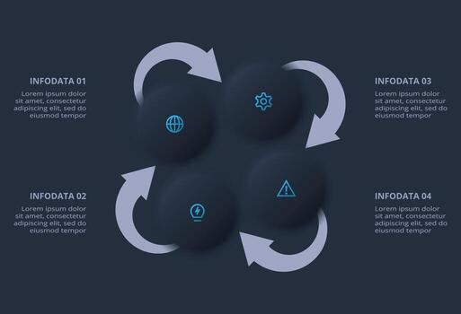Neumorphic flowchart dark iinfographic. infographic with 4 steps vector