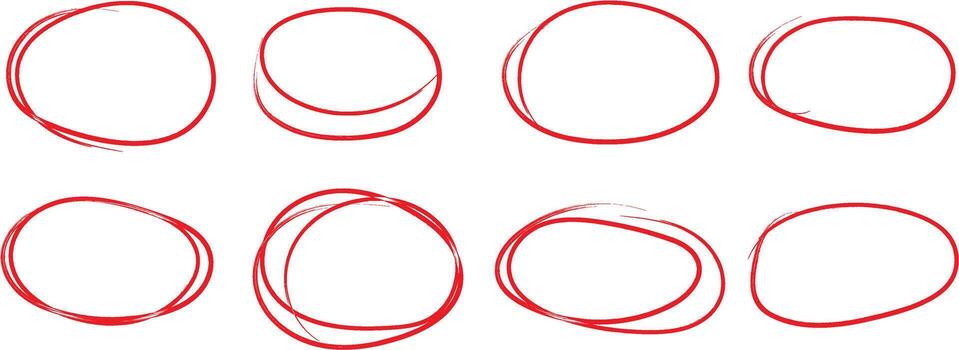 Red hand drawn circle set. Highlighting hand written red color circle. Circle marking elements. vector