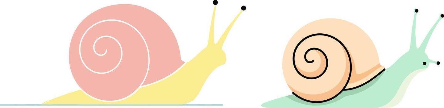 Two stylized cartoon snails with colorful shells and bodies depicted in a simple illustration style against a white background vector