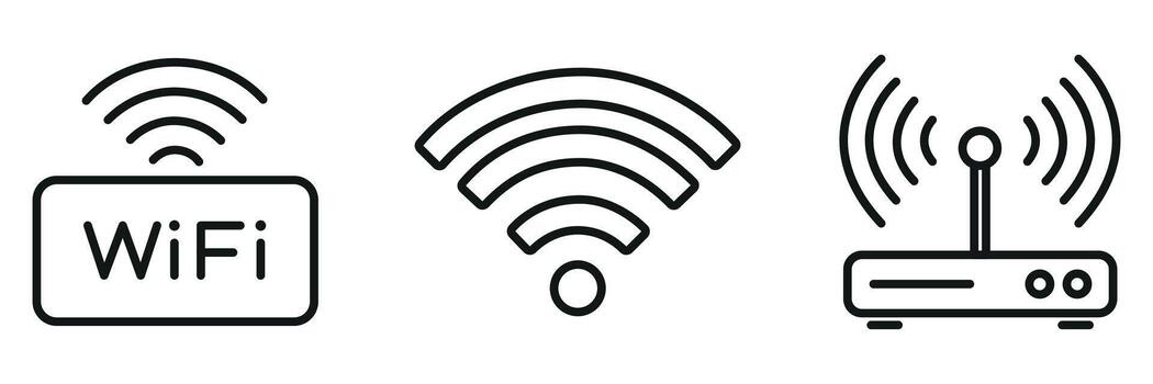 WiFi and Router Icon Set Wireless Internet Connection, Network Signal, and Communication Symbols in Outline Style vector