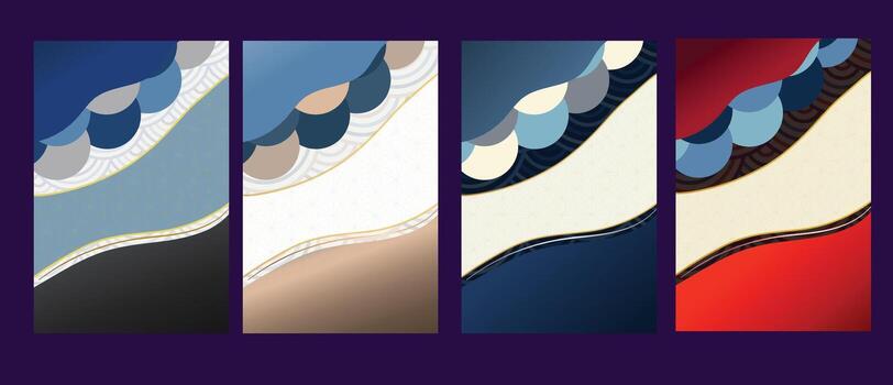 set of four abstract illustrations featuring wave patterns with a Japanese aesthetic. In theme of blue wave sheading dynamic. vector